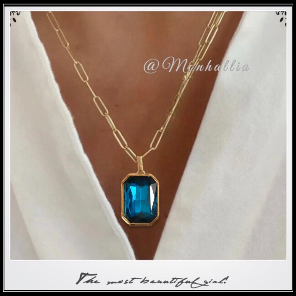 New Gold Peacock Blue Emerald Cut Crystal Minimalist Necklace